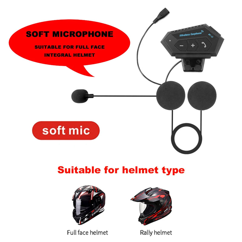 BT12 Capacete de motocicleta fone de ouvido Bluetooth estéreo Microfone mãos livres sem fio Leitor de música para motociclista
