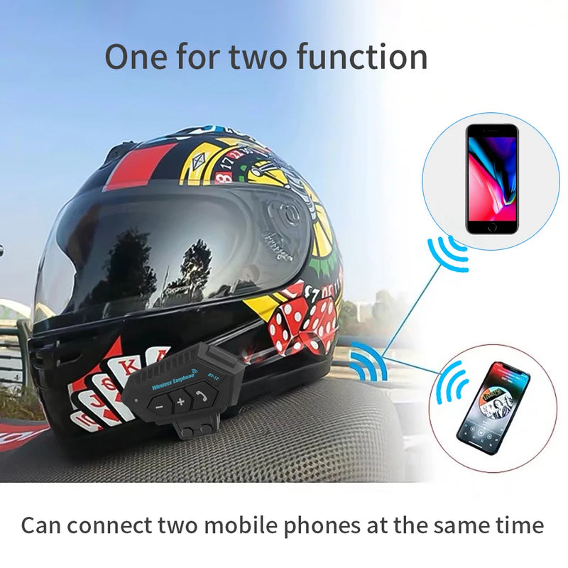 BT12 Capacete de motocicleta fone de ouvido Bluetooth estéreo Microfone mãos livres sem fio Leitor de música para motociclista