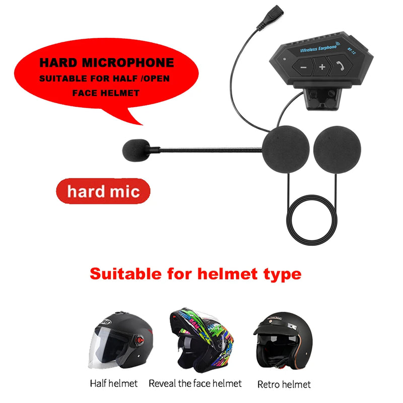 BT12 Capacete de motocicleta fone de ouvido Bluetooth estéreo Microfone mãos livres sem fio Leitor de música para motociclista